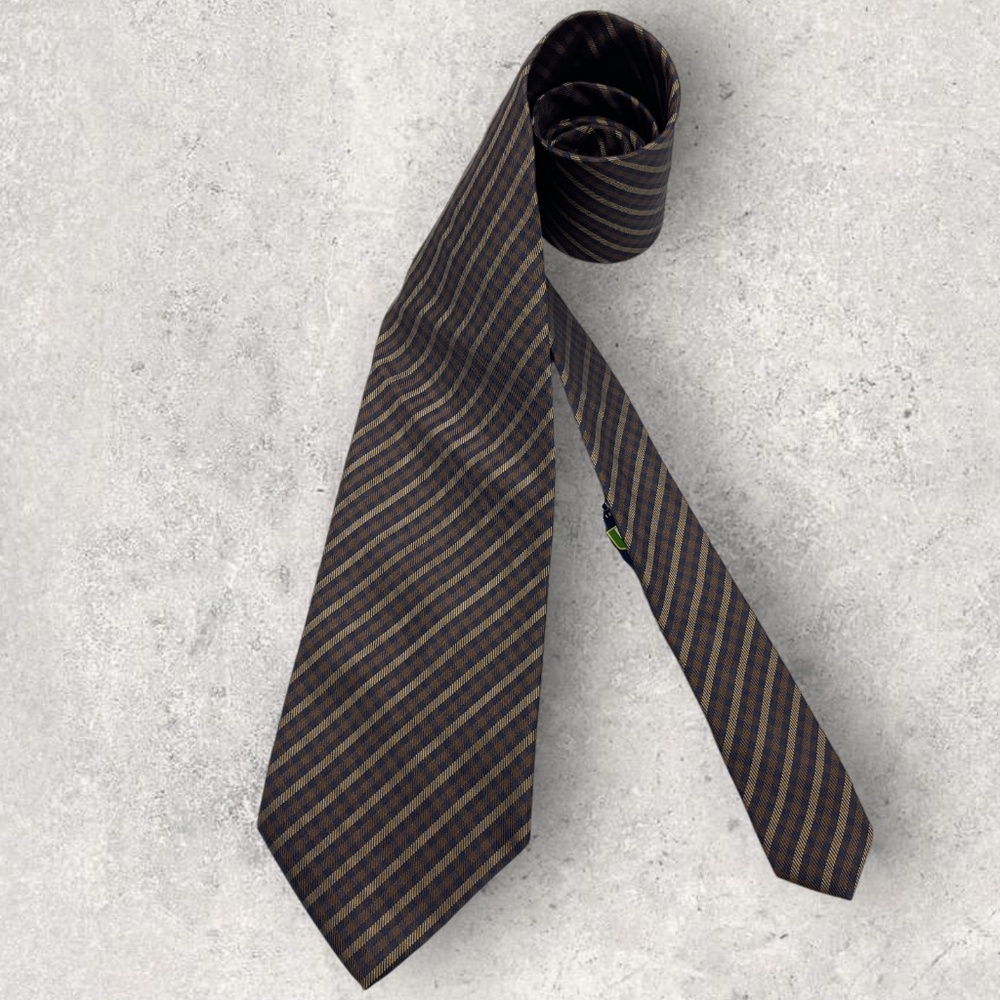 NEW PROFUOMO Navy/Brown Tartan Silk LUXURY Tie ITALY